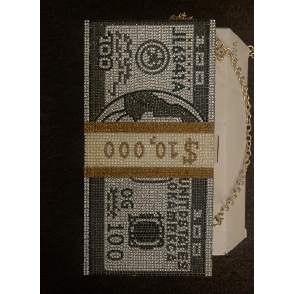Crystal Style Encrusted Evening Bag $10,000 Bundle Of Money Purse W/ Gold Chain